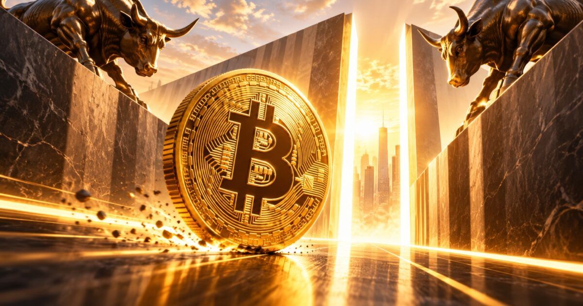 Gold Bitcoin coin moving through a bright market corridor