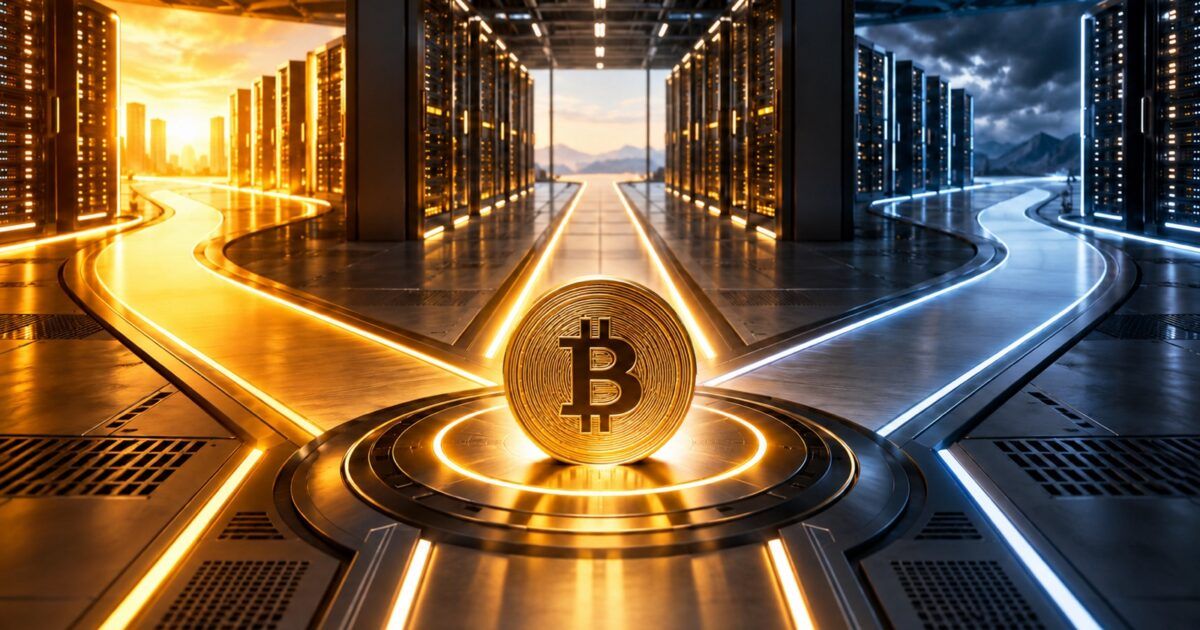 Bitcoin token where three illuminated AI economy paths converge in a data center
