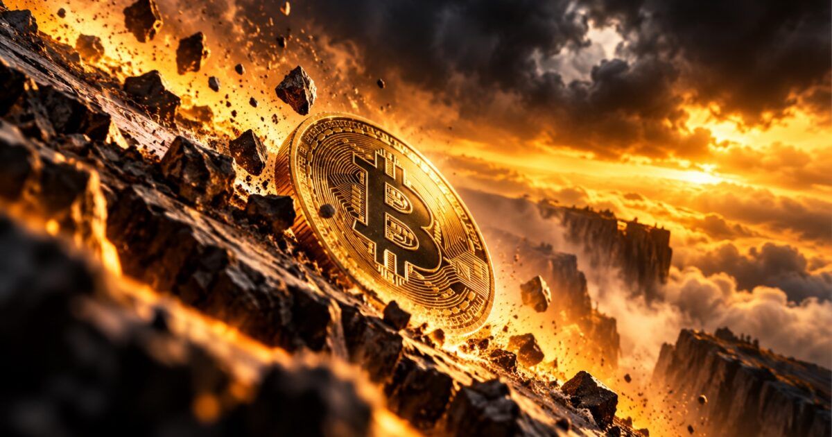 Bitcoin coin under intense downward market pressure in a yellow-orange scene