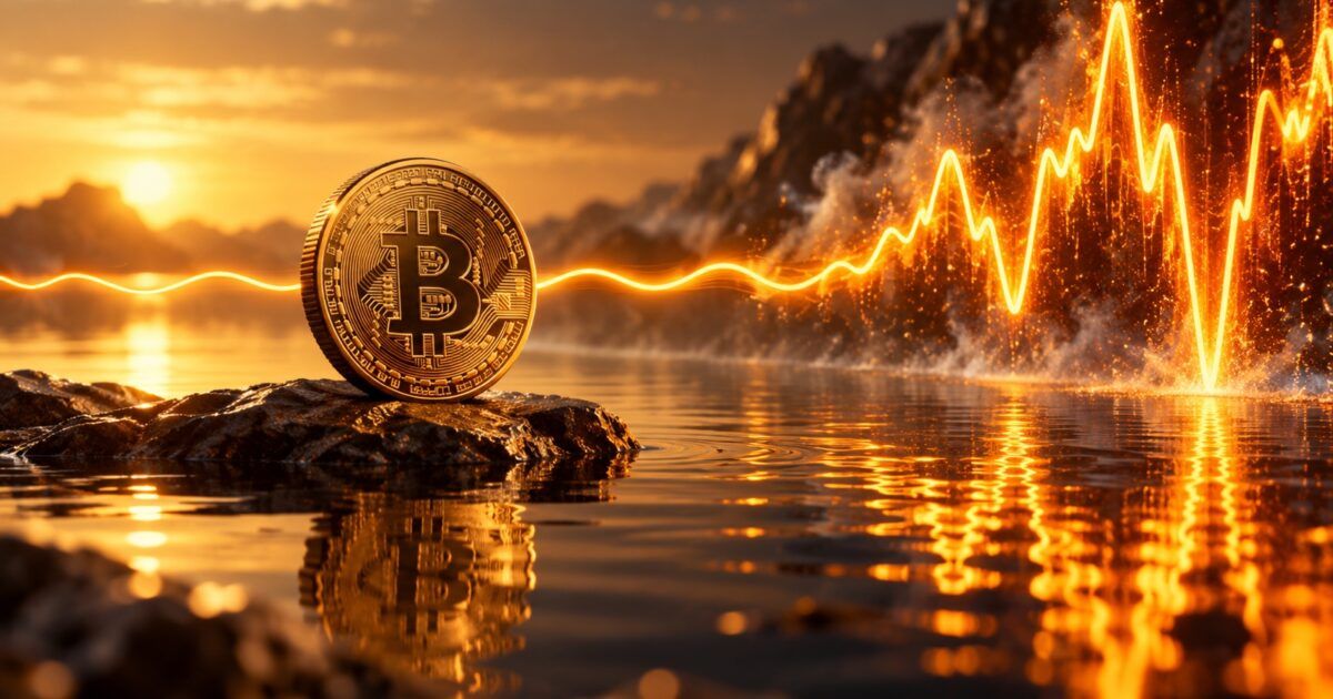 Bitcoin coin beside a calm line that rises into sharp volatility waves