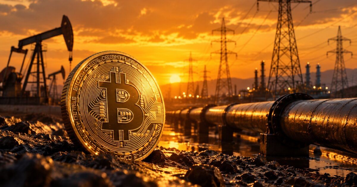 Bitcoin coin beside oil pipelines and power grid at sunset
