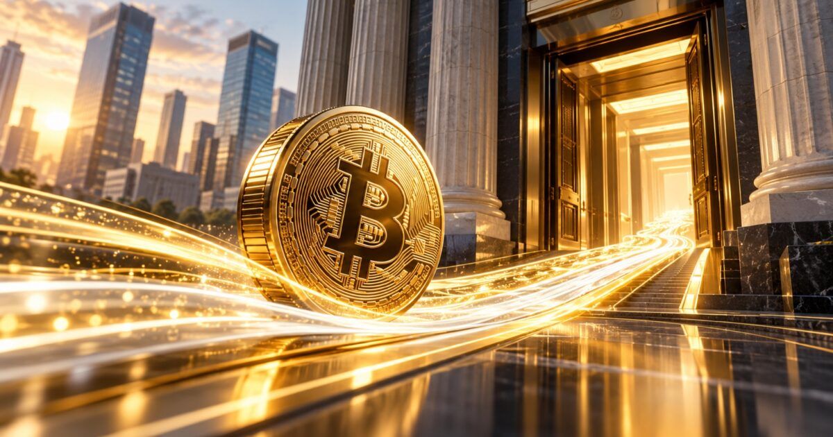 Bitcoin symbol beside luminous capital streams entering an institutional gateway