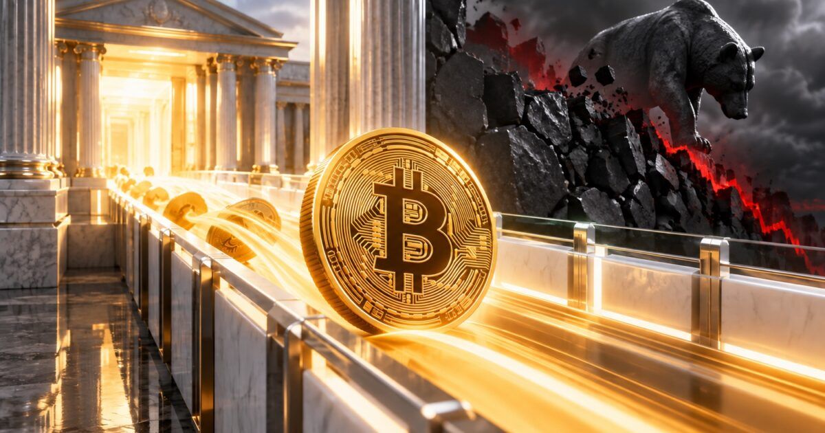 Bitcoin moving through an institutional investment corridor as market pressure builds
