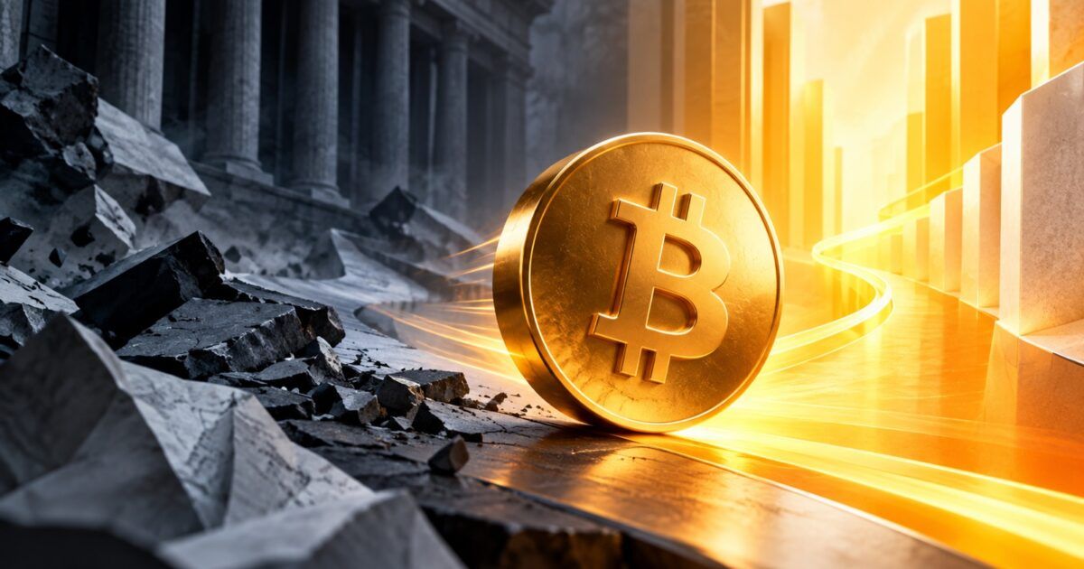 Bitcoin coin moving from a dark institutional setting into a bright yellow-orange recovery path