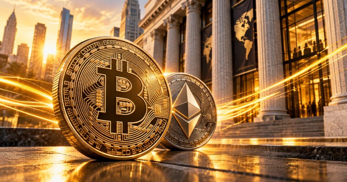 Bitcoin and Ethereum medallions outside an institutional exchange as ETF demand returns