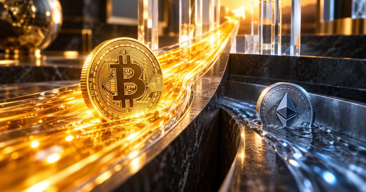 Bitcoin and Ether coins moving along separate gold and silver market paths