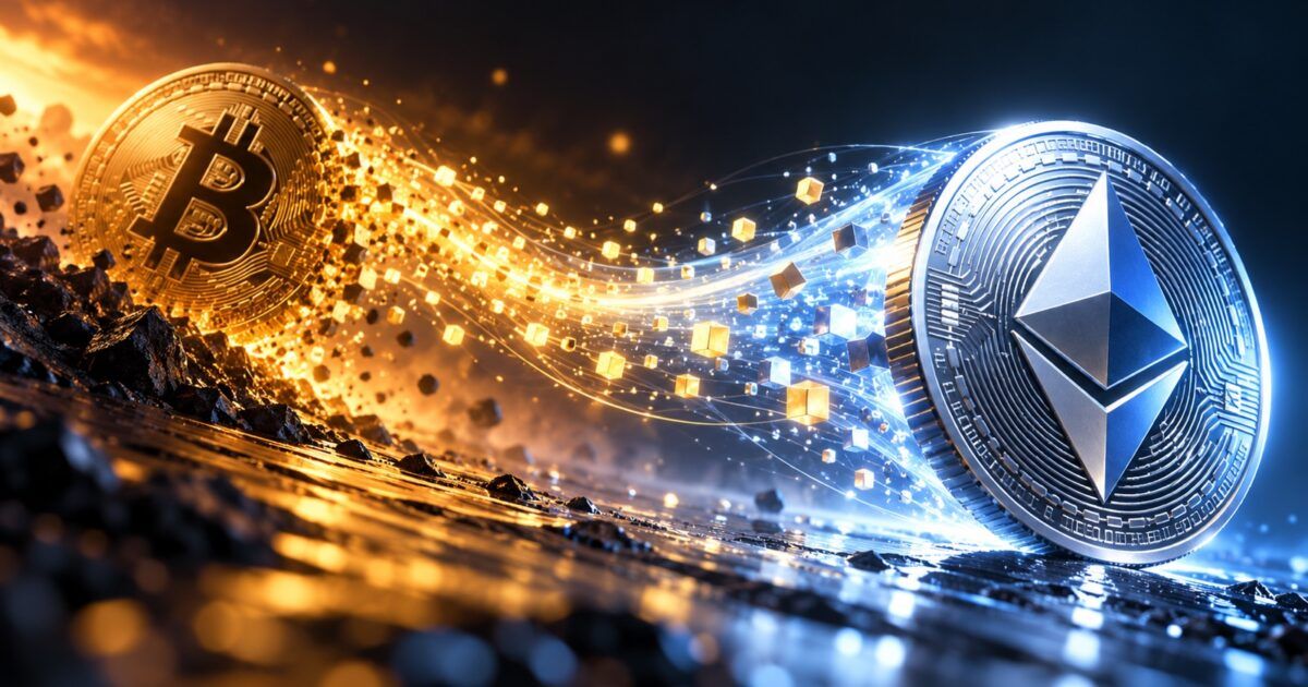 Bitcoin and Ethereum coins connected by a stream of shifting capital