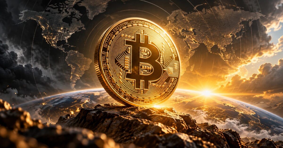 Bitcoin coin against a bright global risk-repricing backdrop