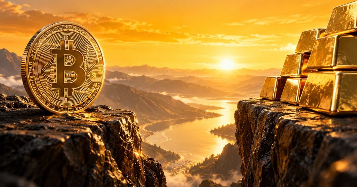 Bitcoin coin and gold bars facing each other across a widening monetary landscape