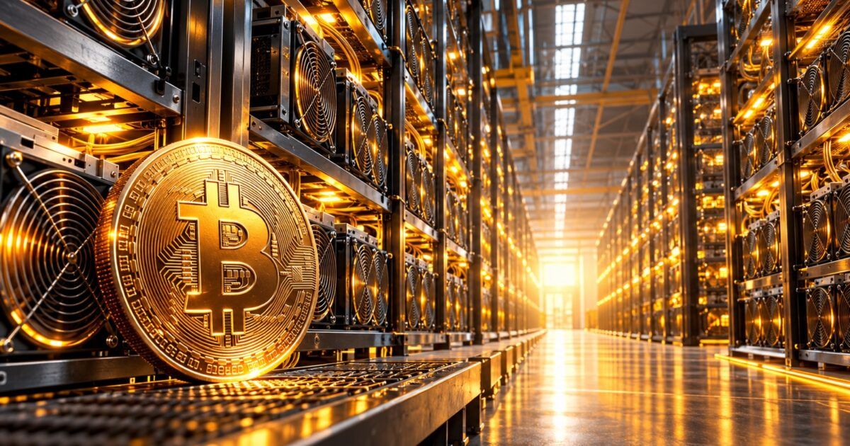 Industrial Bitcoin mining racks glowing yellow-orange around a Bitcoin symbol