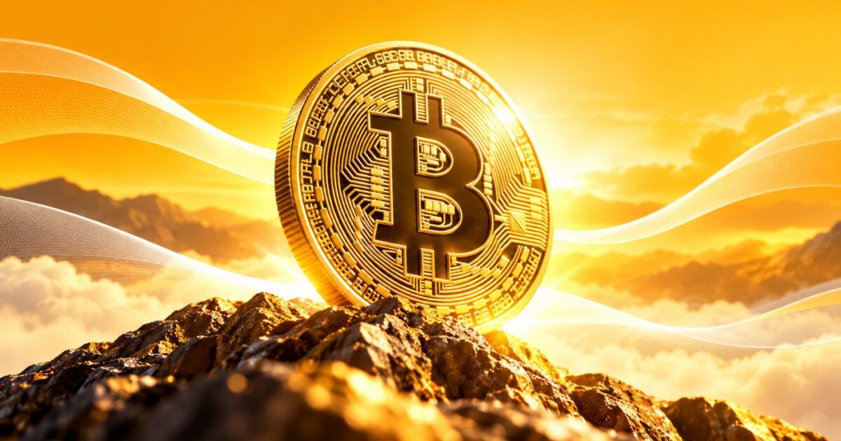 Bitcoin coin rising above calm gold market waves