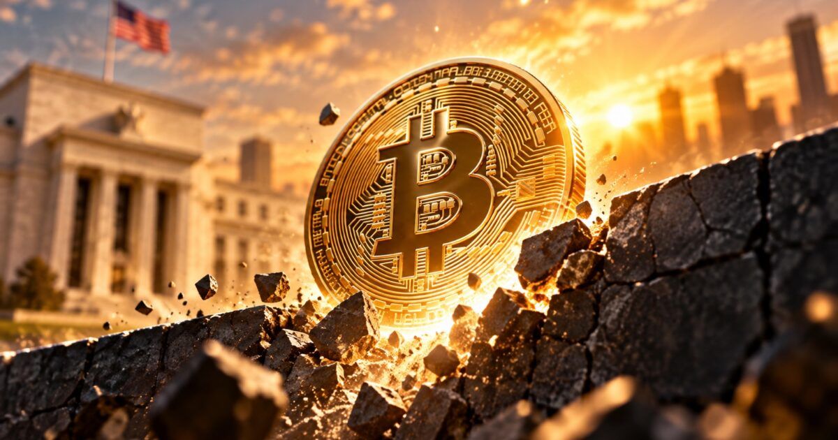 Bitcoin coin breaking through a dark barrier into bright gold light