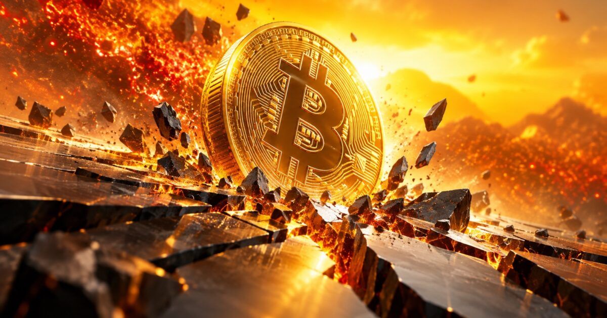Bitcoin coin breaking through a fractured support plane during a leverage washout