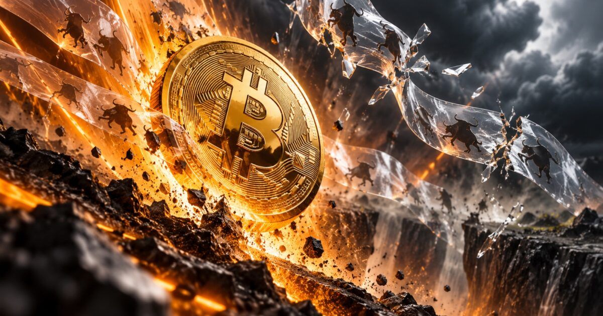 Bitcoin coin breaking through a wave of leveraged market pressure