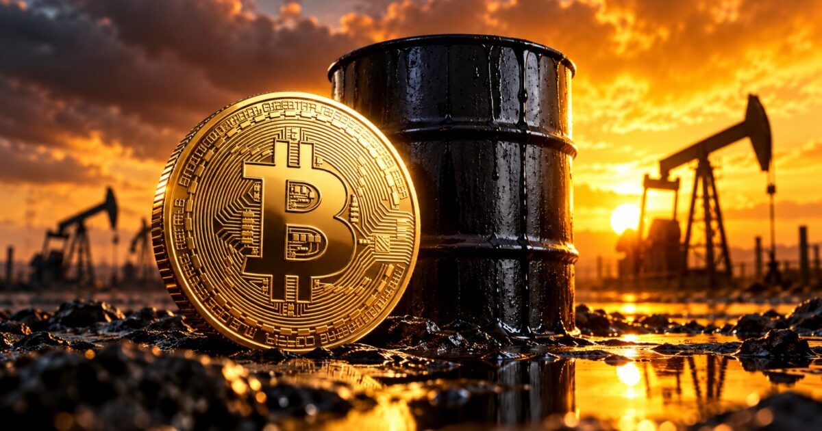 Bitcoin coin beside an oil barrel under orange market lighting