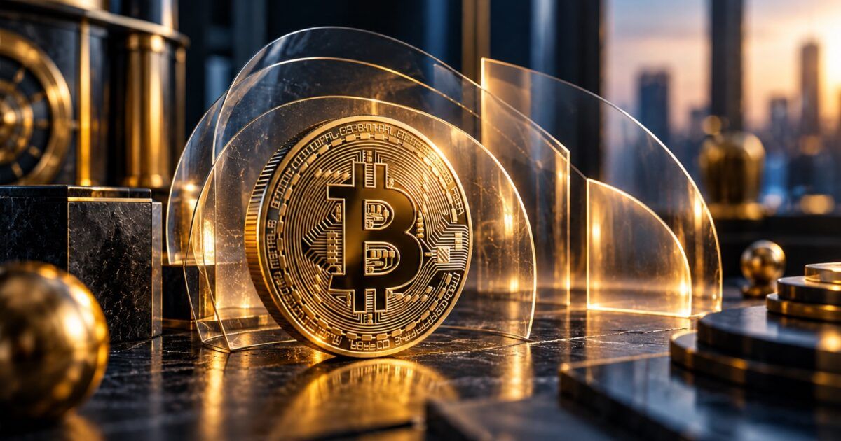 Bitcoin coin protected by layered translucent risk-management shields