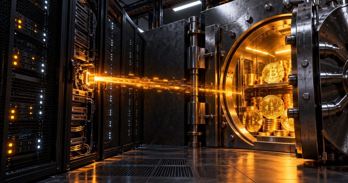 A server breach signal reaching a Bitcoin reward vault after a security barrier opens