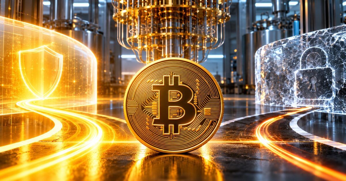 Bitcoin token between protected and locked paths beneath quantum computing hardware