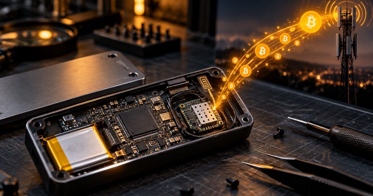 Opened hardware wallet revealing a concealed implant as Bitcoin moves toward a cellular tower