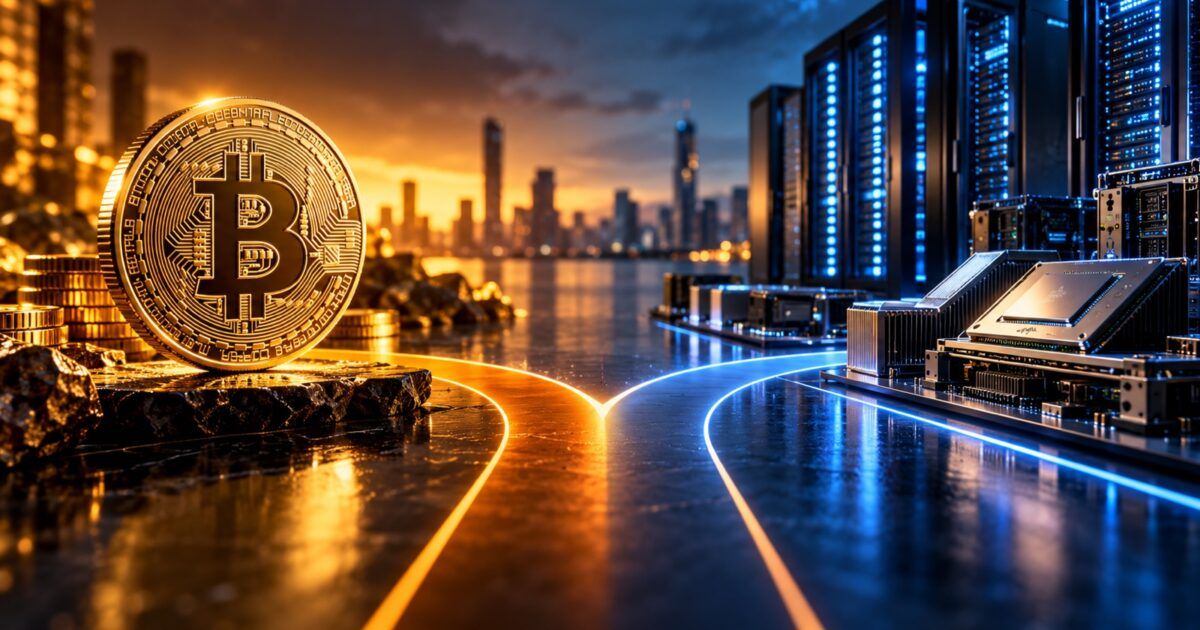 A physical Bitcoin coin facing luminous artificial intelligence server hardware