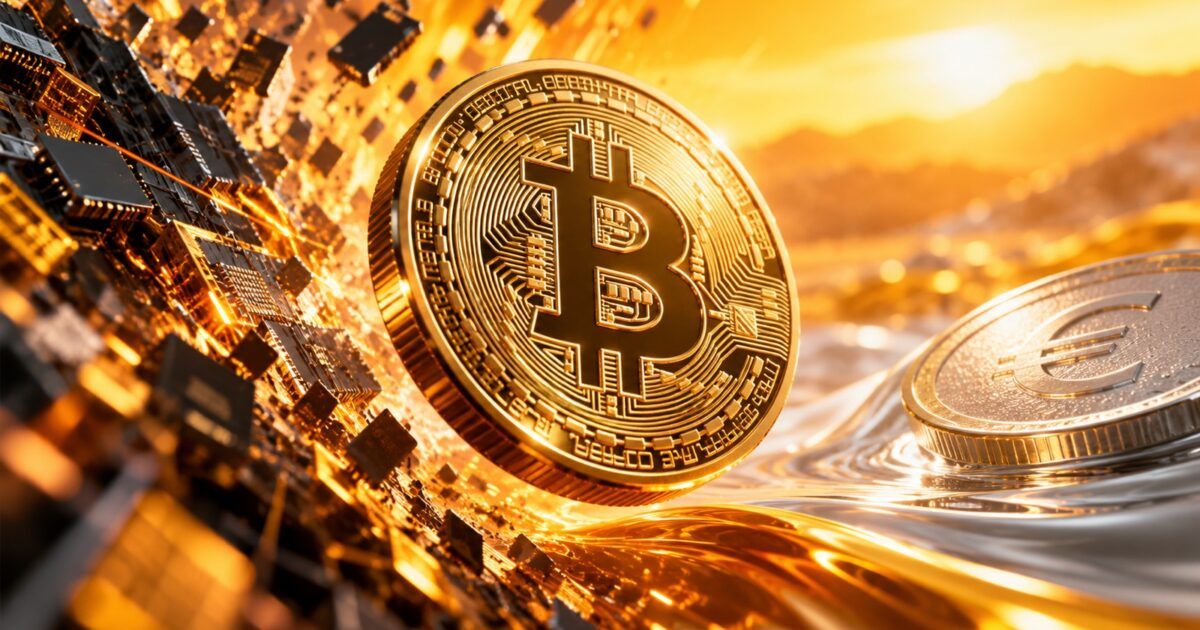 Bitcoin coin between a fast-moving technology field and a calmer euro coin