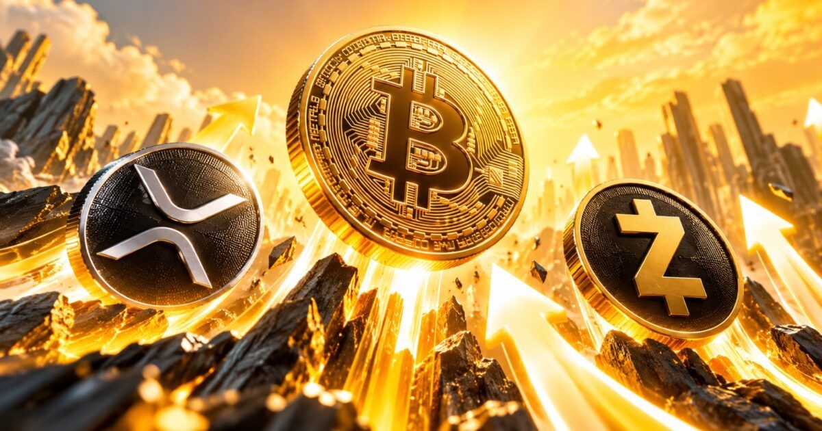 Bitcoin, XRP, and Zcash tokens rising in a bright crypto market rebound