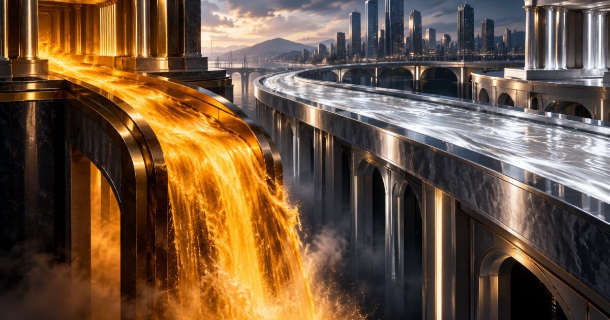 Two abstract institutional fund channels showing diverging digital asset flows