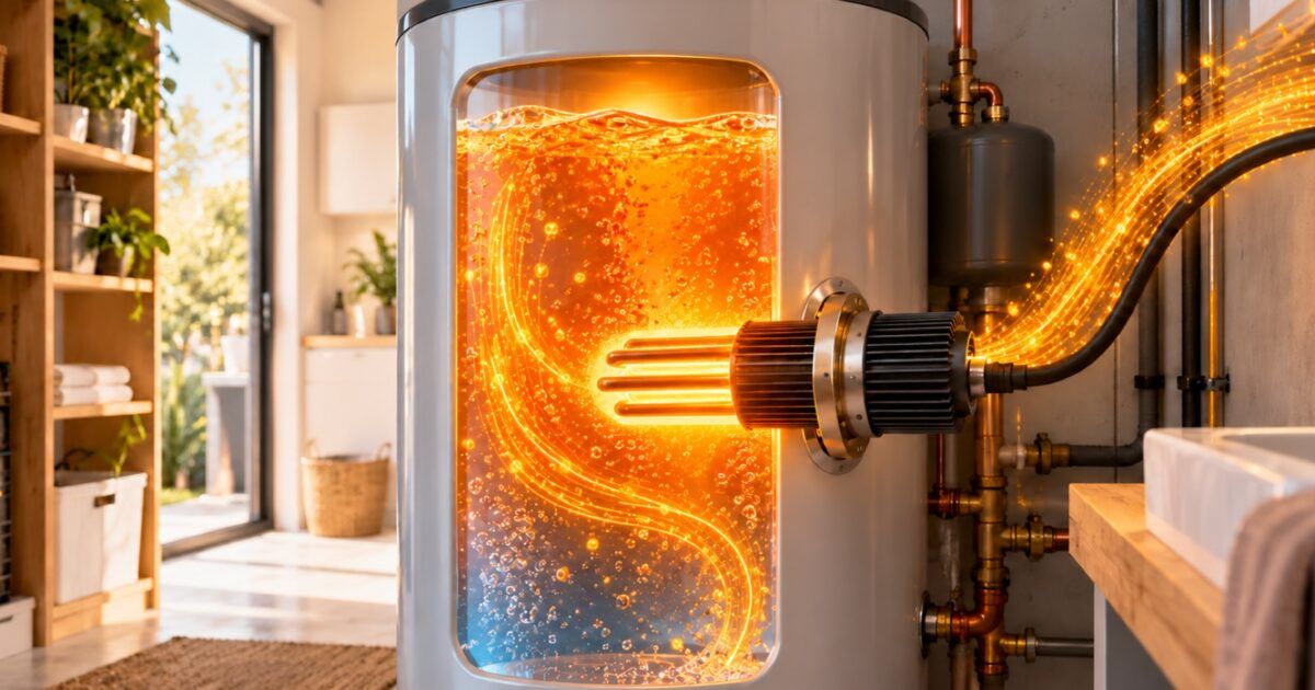 Residential water heater with a glowing computational heating element