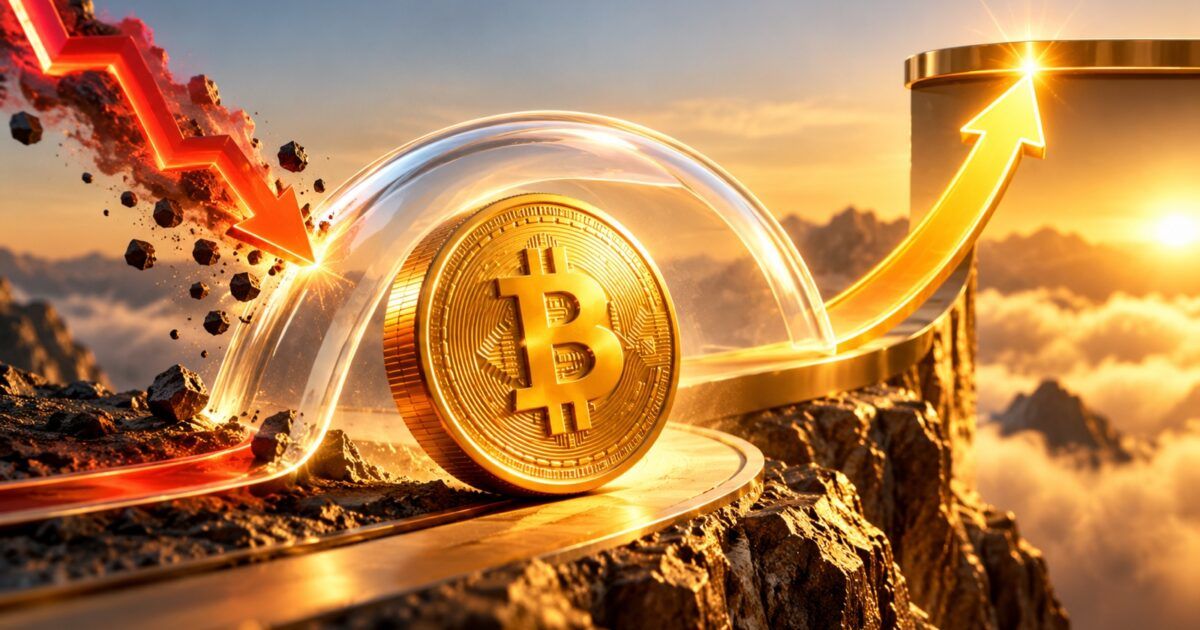 Bitcoin shielded by a protective arc beneath capped upside