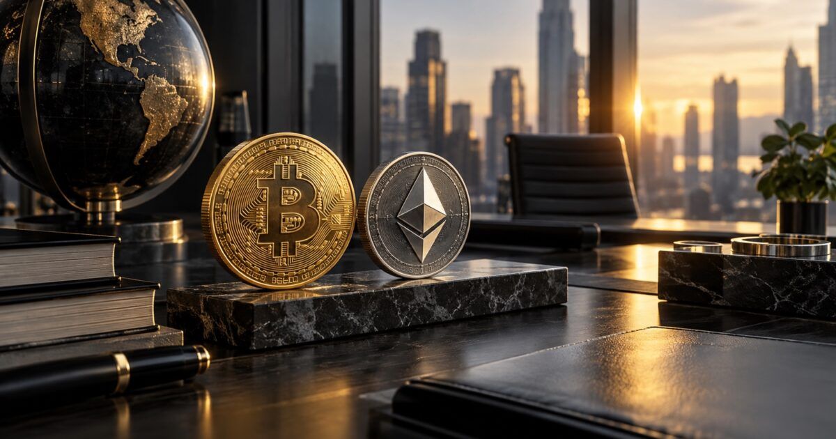 Bitcoin and Ether symbols on an institutional investment desk