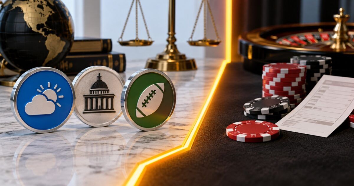 Event contract symbols separated from casino chips by a bright boundary