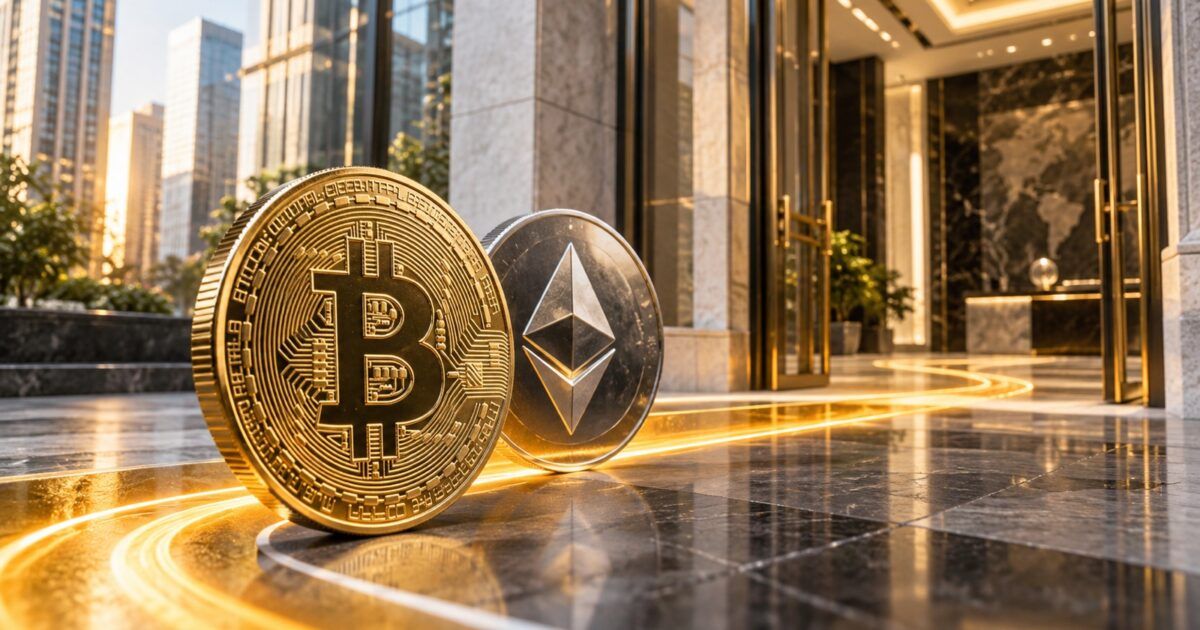 Bitcoin and Ether coins at the entrance to an institutional financial building