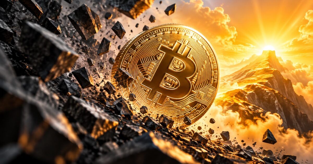 Bitcoin breaking through dark market pressure toward a bright amber horizon