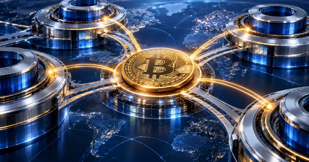 A Bitcoin coin linking several institutional exchange hubs across a global network