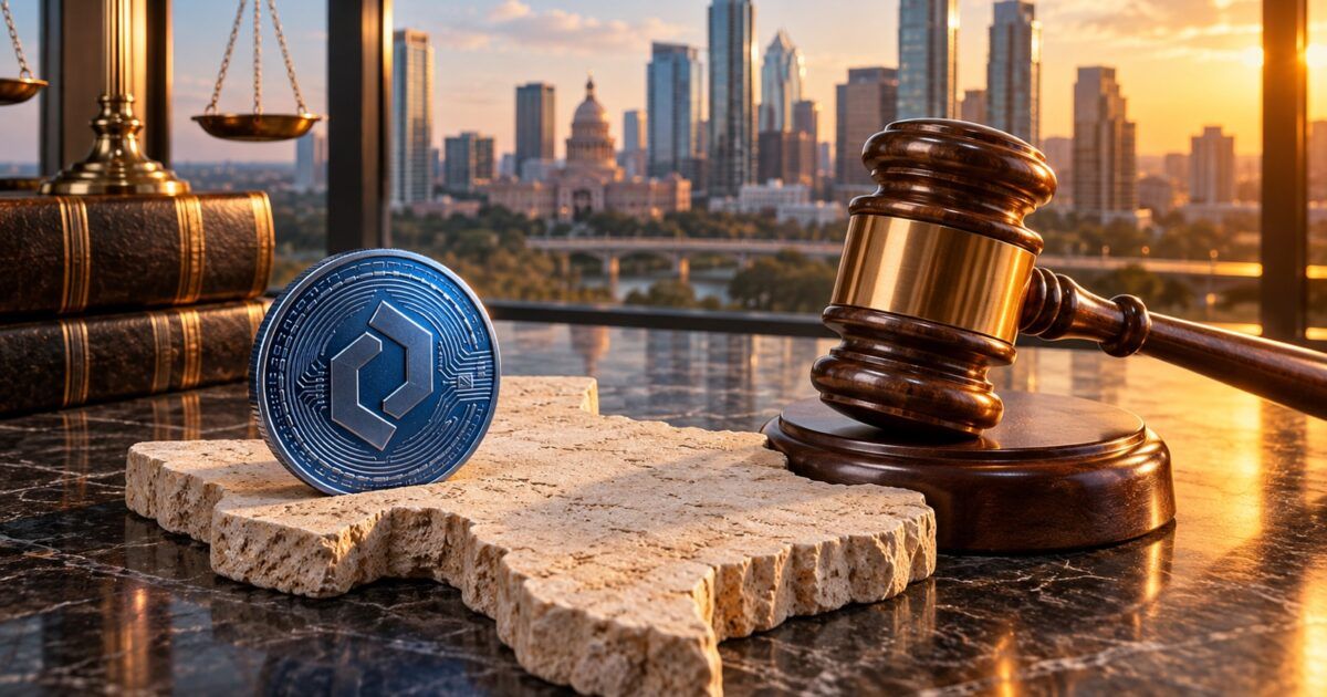 Courtroom gavel and crypto coin on a Texas-shaped stone surface