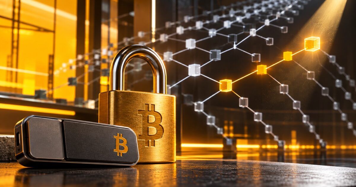 Intact Bitcoin lock and signing device beside an abstract complexity proof graph