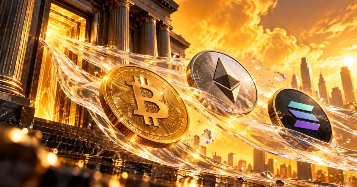 Bitcoin, Ether and Solana coins moving through an orange institutional capital outflow scene