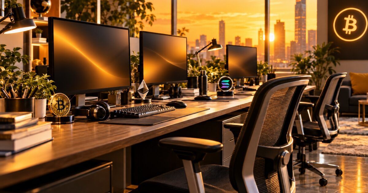 Empty crypto engineering workstations in ProCoinNews yellow and orange light
