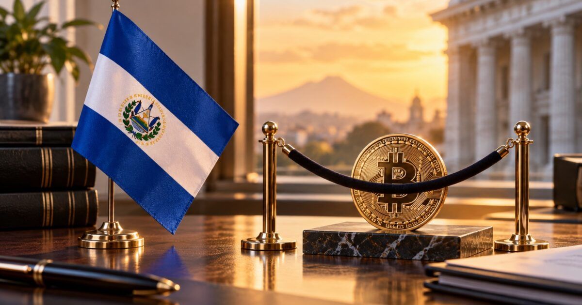 El Salvador flag and Bitcoin reserve displayed behind an institutional boundary