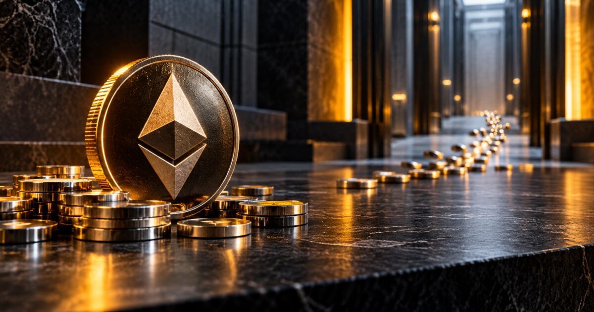Ethereum token beside diverging institutional capital flows in a dark market setting