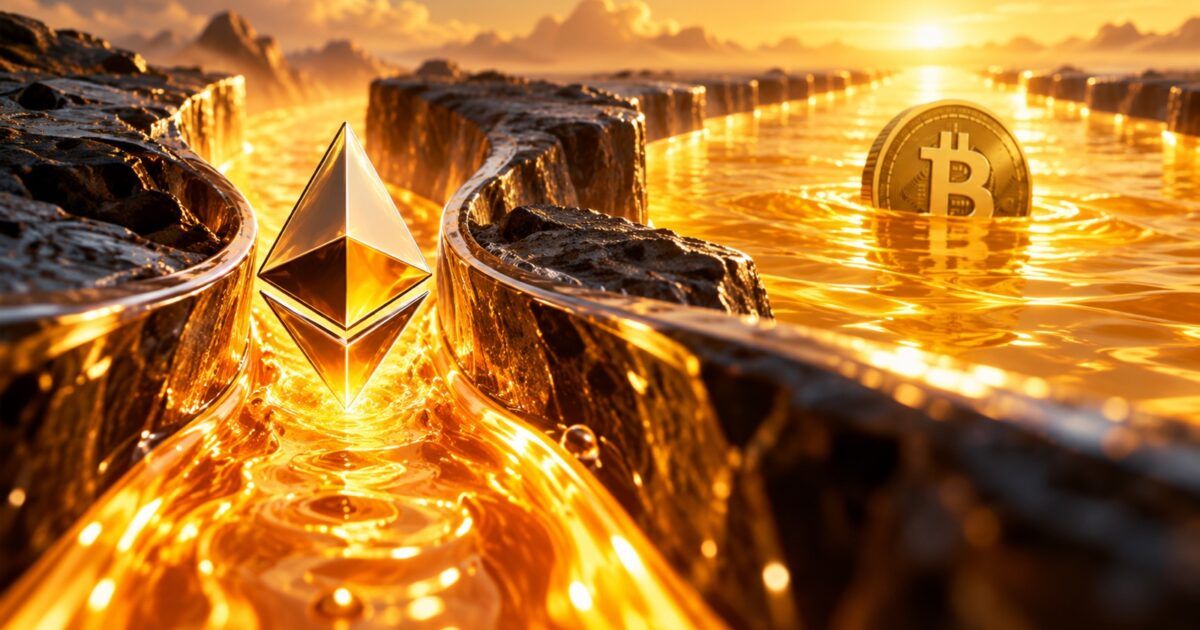 Ethereum symbol in a narrowing golden liquidity channel beside a broader Bitcoin market channel