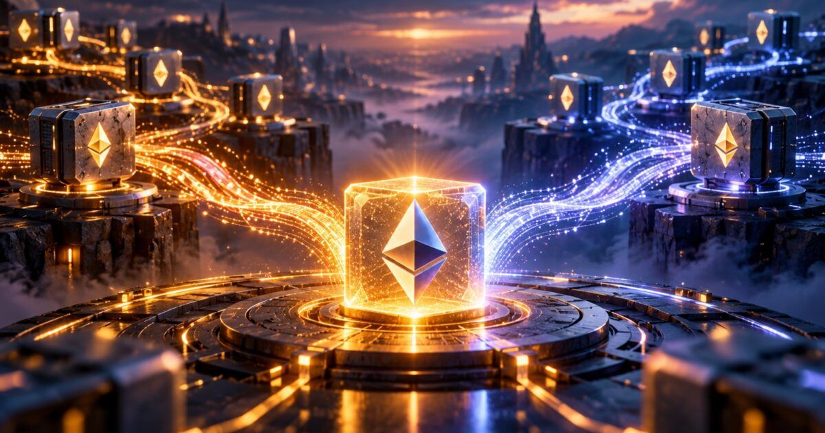 Ethereum validator paths converge into a finalized block in yellow-orange and blue light