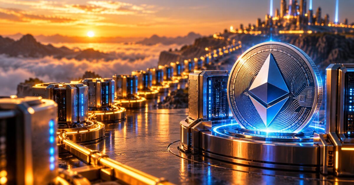 Ethereum coin beside a long line of validator nodes