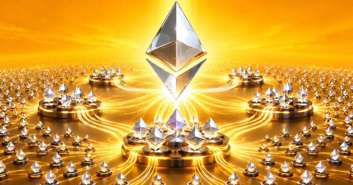 Ethereum symbol above validator nodes consolidating into larger clusters