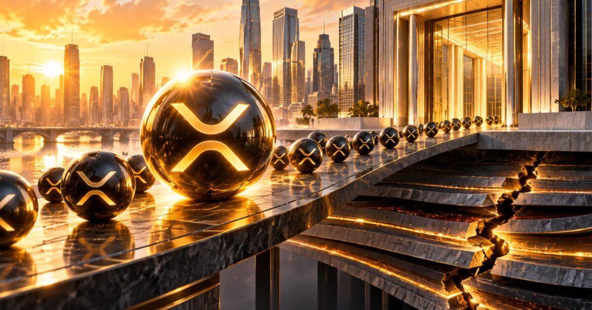 Institutional XRP treasury moving through a bright financial gateway above split ledger layers
