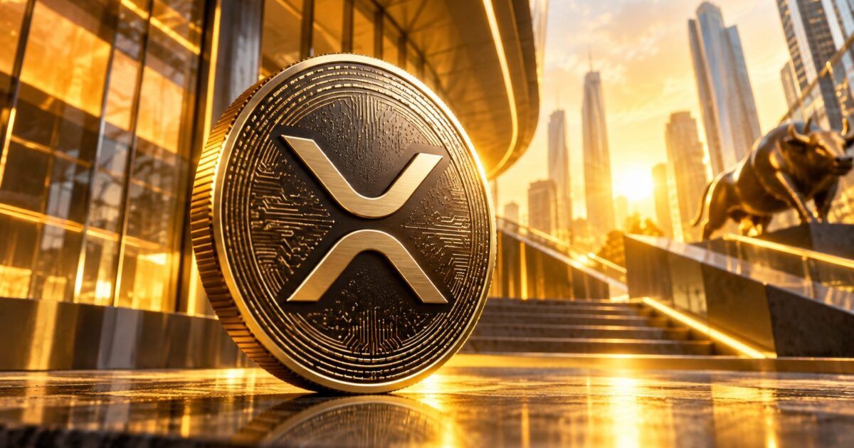 XRP coin in a bright gold public markets setting