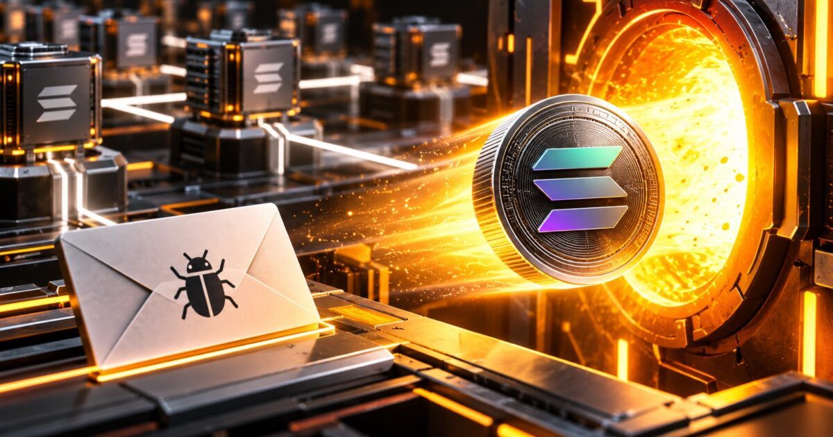 A Solana coin moving toward a glowing burn aperture beside validator nodes and a bug report envelope