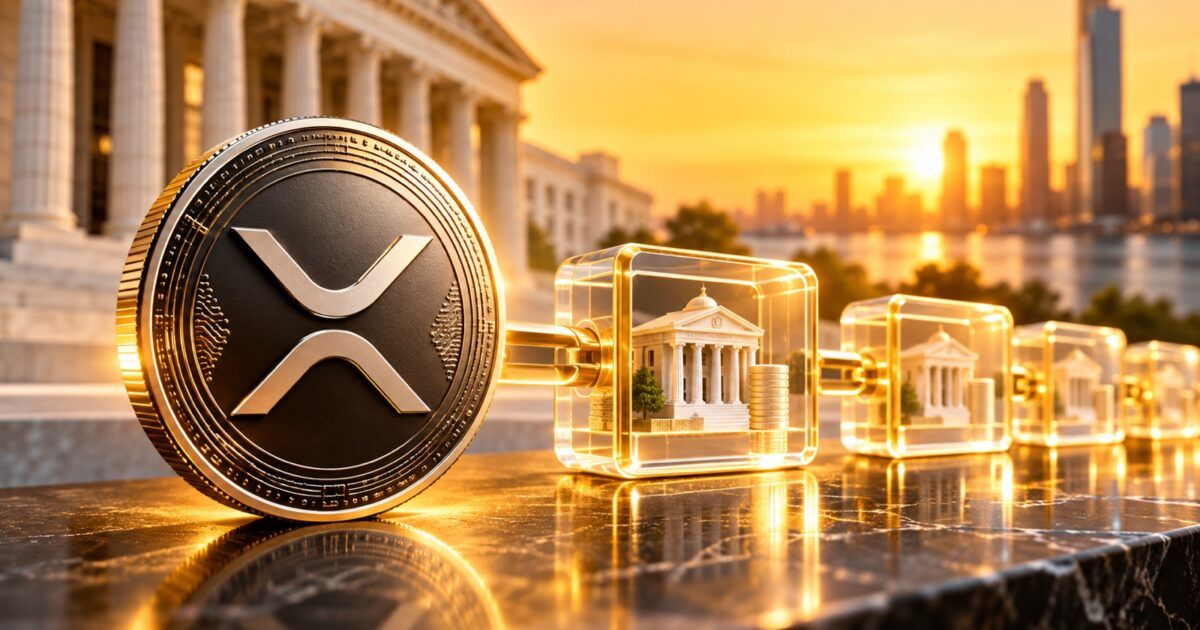 XRP coin beside illuminated institutional ledger blocks