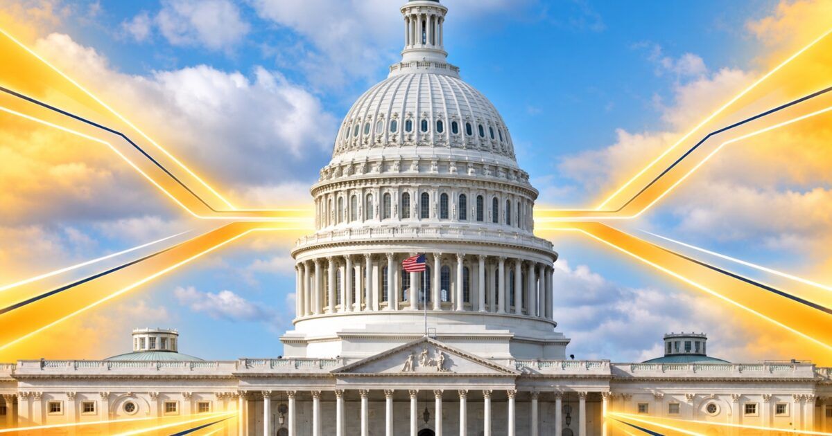 United States Capitol framed by converging gold regulatory pathways