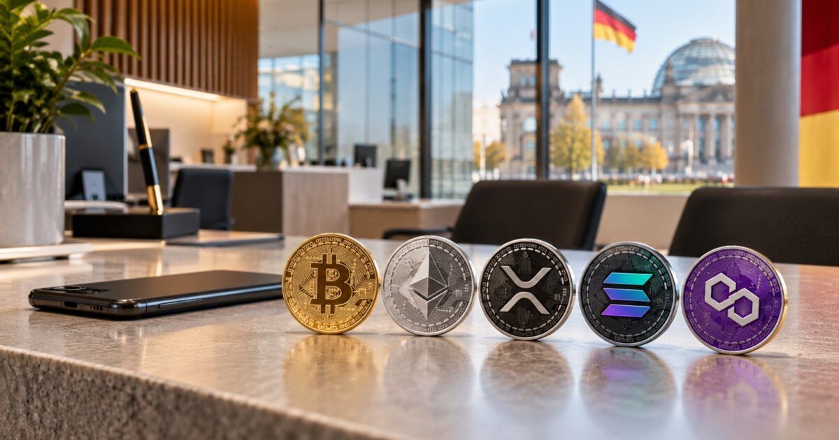 Bitcoin, Ether, XRP, Solana and Polygon tokens in a modern German banking office